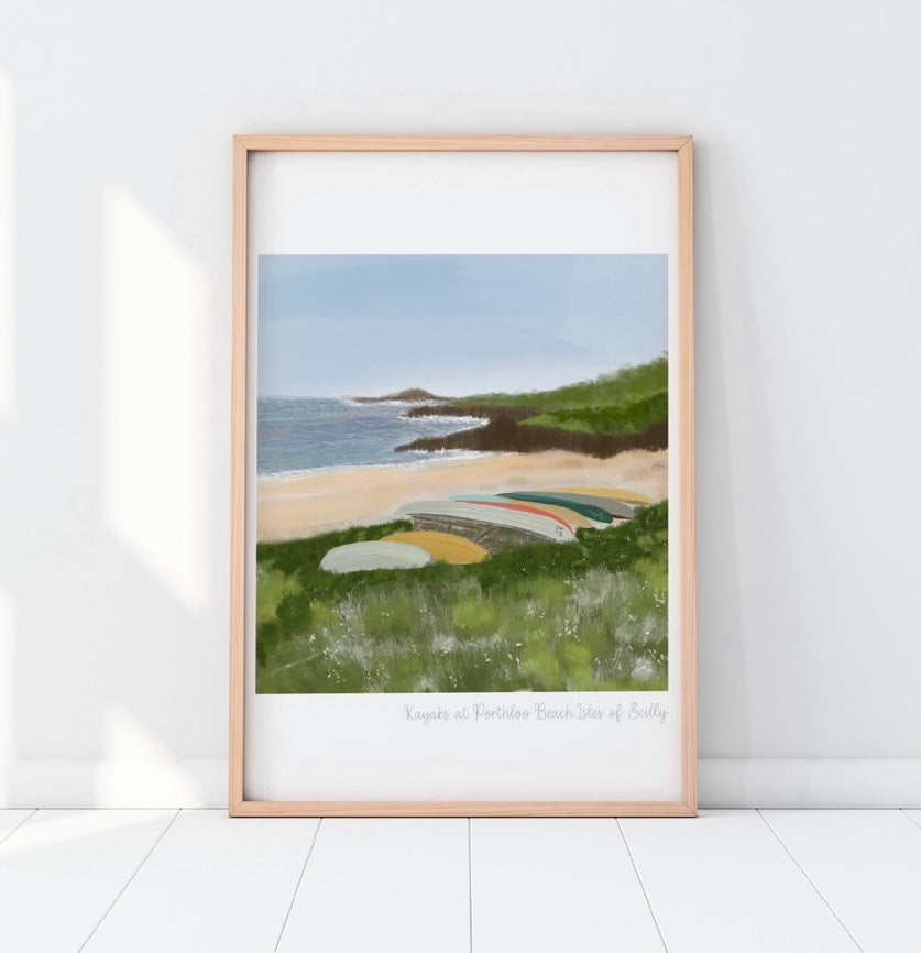Kayaks at Porthloo Beach, Isles of Scilly - A4 unframed artwork
