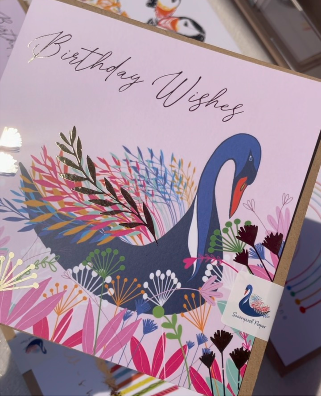 Birthday Wishes Swanpool Swan card with gold foil finish.