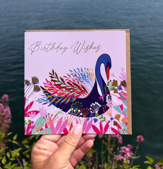 Birthday Wishes Swanpool Swan card with gold foil finish.