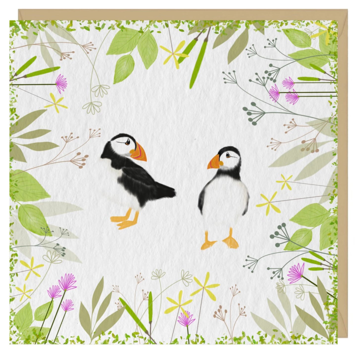 Puffins with flora and fauna surround - any occasion card