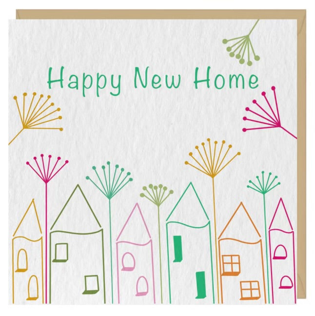 Happy New Home & Flowers Card on Light Background