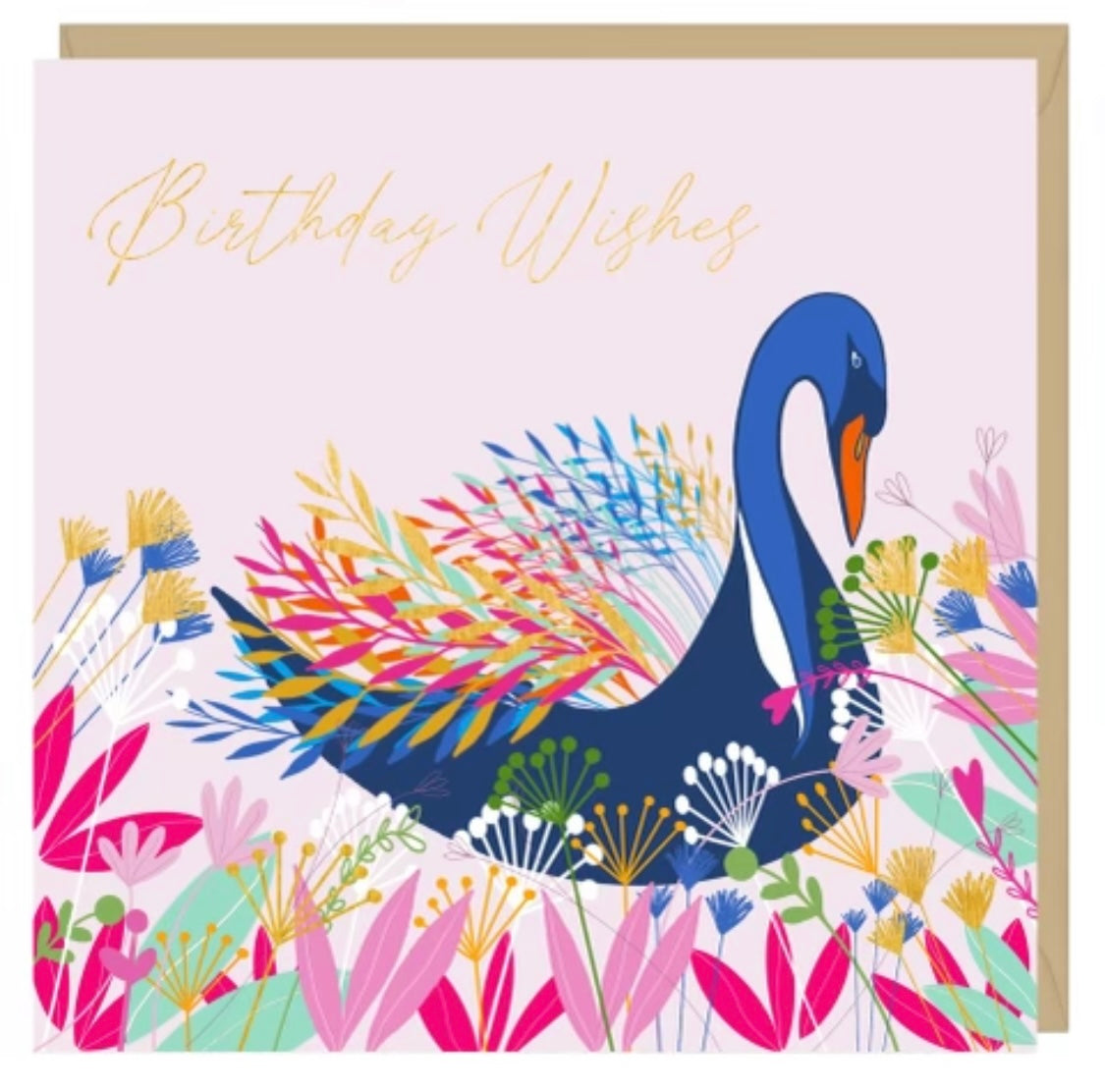 Birthday Wishes Swanpool Swan card with gold foil finish.